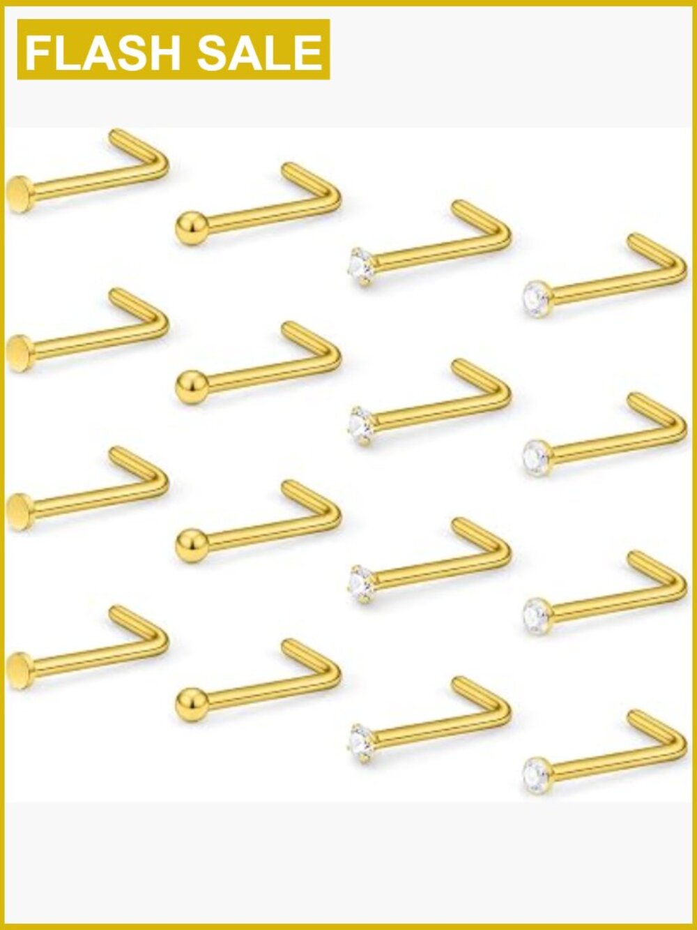 16 Pcs Nose Rings 18G Surgical Steel L-Shaped Studs Piercing Jewelry Set